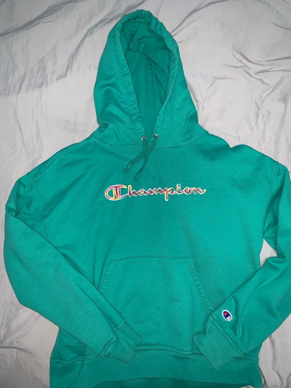Champion Teal Hoodie with Multicolor Script Logo
